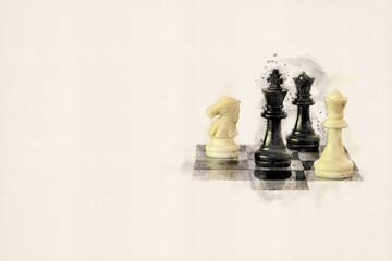 Chess game. Chess pieces on chess board, isolated with copy space. Aquarelle, watercolor illustration.