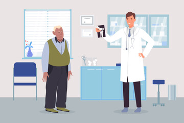 Elderly man at doctors appointment in medical clinic hospital, arthritis osteoporosis disease concept vector illustration. Cartoon senior patient character and doctor with x-ray of joint background