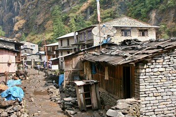 Himalaya village of Dharapani. Around Annapurna trek. Nepal. Asia.