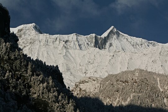 Lamjung Himal majestic peak, first eastern mountain on the Annapurnas range, as seen from Chame village on Around Annapurna trek. Nepal. Asia.