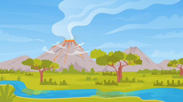 Volcano active eruption tropical nature landscape vector illustration. Cartoon mountain scenery natural disaster with lava fountain, volcanic hot ash clouds, fire and smoke background