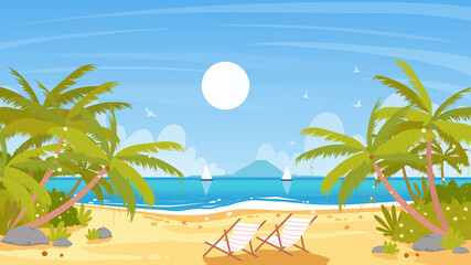 Sea beach island landscape, tropical paradise vector illustration. Cartoon summer seashore scenery with blue sea or ocean waves, coconut palm trees and tropic nature, lounges on white sand background