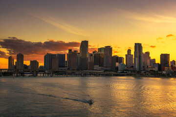 Sunset above Downtown Miami Skyline and Biscayne Bay