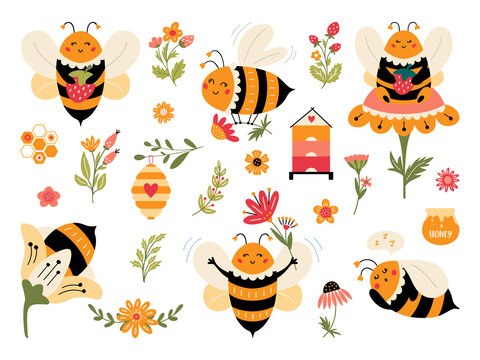 Cute cartoon bumblebee vector set Honey bee