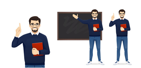 Male young teacher in casual clothes at blackboard with copy space showing something and pointing up isolated vector illustration