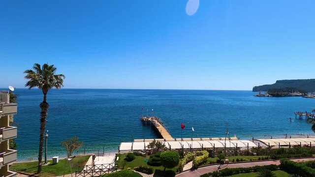 Panorama of beach at first line at Kemer, Antalya, Turkey