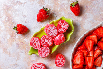 Colorful jelly candies with strawberries.