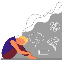 Depressed young unhappy girl sitting and hugging her knees. Concept of mental disorder. Colorful vector illustration in flat cartoon style.
