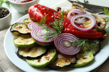 Concept of tasty eating with grilled vegetables, close up