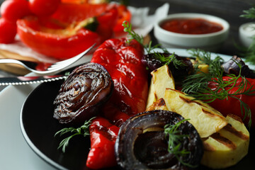 Concept of tasty eating with grilled vegetables, close up