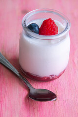 fresh yogurt with raspberries and blueberries