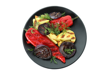 Plate with grilled vegetables isolated on white background