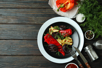 Concept of tasty eating with grilled vegetables, space for text