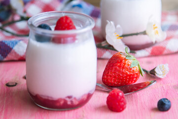 fresh yogurt with raspberries and blueberries