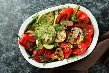 Concept of tasty eating with grilled vegetables, top view