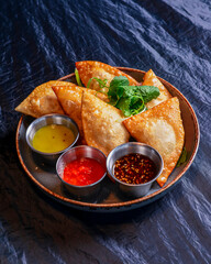Traditional Romania, Ukrainian, Russian and Tatar food cheburek with meat and spring onion.