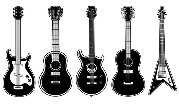 Set of illustrations of guitar isolated on white background. Design element for logo, label, sign, emblem. Vector illustration