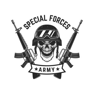 Special forces. Crossed assault rifles with soldier skull in military helmet. Design element for logo, label, sign, emblem. Vector illustration