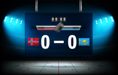 Illuminated ice hockey stadium with Norway and Karakhstan flags
