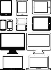 Electronic devices - computer monitor, phone, tablet, and laptop isolated on white background. Vector iilustration set of black icons. EPS 10