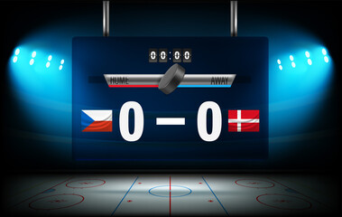 Ice hockey stadium with Chech and Denmark flags on scoreboard
