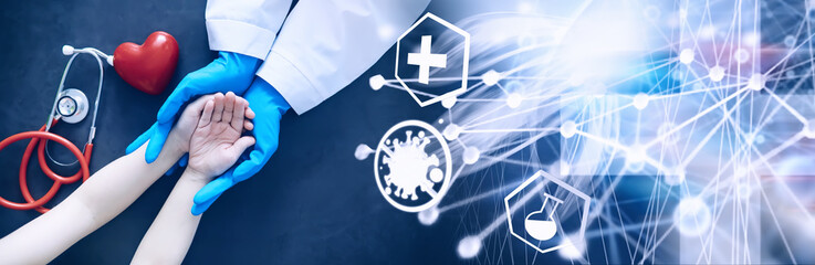 Medical concept. The doctor in gloves holds the patient's hand. The moral help of the doctor to his...