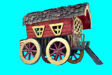 Nice paper made horse carriage placed in front of a blue isolated paper background