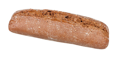 Long loaf of homemade rye bread isolated on white background