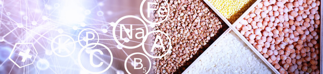 A set of grain cereals. Rice, buckwheat and millet groats in a wooden tray. A grocery set of cereals. Import of grain.