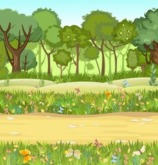 Forest road. Summer landscape. Dense foliage. Views of hills and green trees. Nature illustration. Cartoon flat style. Meadow of a flower meadow. Trunks of trees. Vector