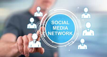 Man touching a social media network concept