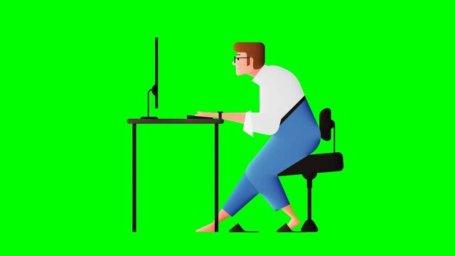 Man working on computer. Flat cartoon character, idea of freelancer workplace. Workplace Loop Animation Isolated with Luma Matte for Alpha.
