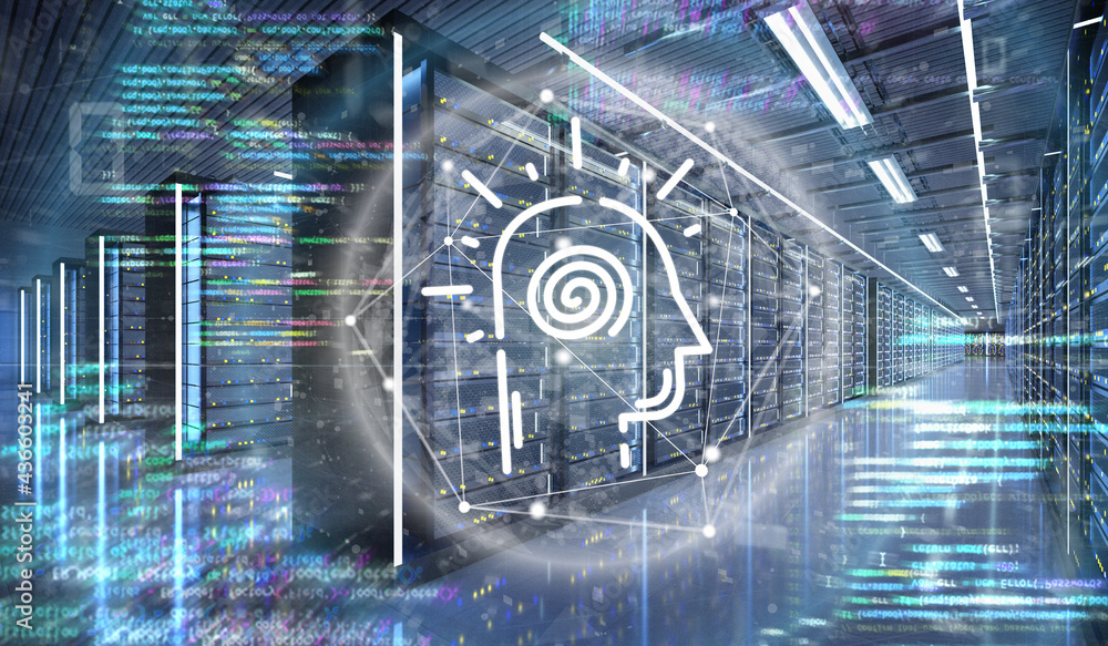 Poster artificial intelligence icon in a server room data center - 3d rendering