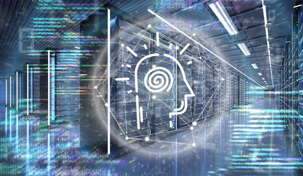 Artificial intelligence icon in a Server room data center - 3d rendering