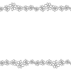 Vector hand drawn border, frame of small outline black flowers chamomiles in doodle style. Horizontal top and bottom edging, decoration for birthday, greeting card, kids theme