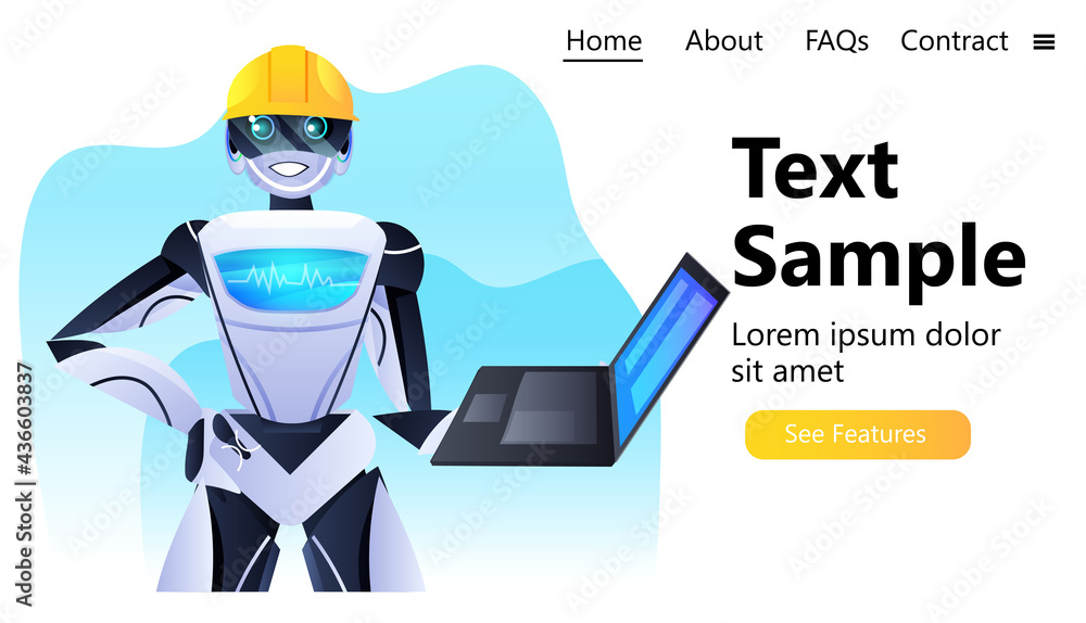 Poster robot engineer in helmet using laptop modern robotic character artificial intelligence concept