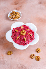 Beetroot salad with wallnuts and mayonnaise,garlic.