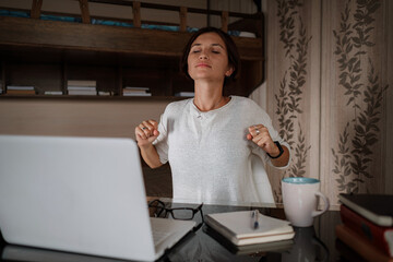 Upset asian woman working from home office.