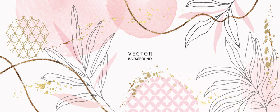 minimal Japanese background in pink flowers and tropical summer leaf with golden metallic texture gallery wall art vector 
