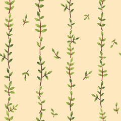 Floral seamless pattern with small green twigs on stripes for fashion fabric. Ditsy print. Watercolor hand drawn painting illustration isolated on yellow background