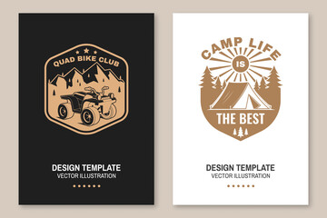 Set of camping template. Vector. Flyer, brochure, banner, poster design with quad bike, tent, mountain, camper trailer and forest silhouette.