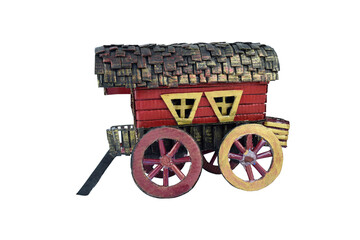 One red colored paper crafted horse carriage on an empty white paper background