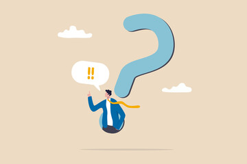 Answer business question, determination or sill and decision to solve problem, FAQ frequently asked questions concept, determination businessman comes out from question mark sign to answer question. - obrazy, fototapety, plakaty