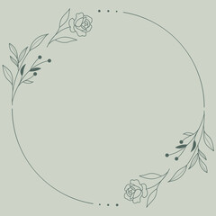 Floral Wreath branch in hand drawn style. Floral round green and khaki frame of twigs, leaves and flowers. Frames for the Valentine's day, wedding decor, logo and identity template.