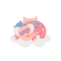 Adorable elephant sleeping on pillow flat cartoon illustration. Nursery card design. Bedtime art for kids room background.