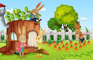 Photo sur Plexiglas Chambre denfants Scène en plein air avec de nombreux personnages de dessins animés de lapin dans le jardin