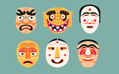 Ancient Korean mask elements collection. Ethnic Asian costume isolated set. Different masquerade traditional souvenirs in cartoon design.