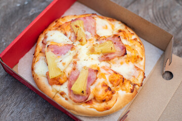 pizza cheese and ham in pizza box, pizza homemade italian food style