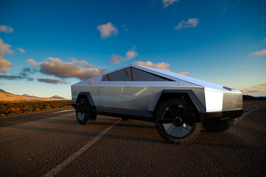 Tesla Cybertruck On The Asphalt Road