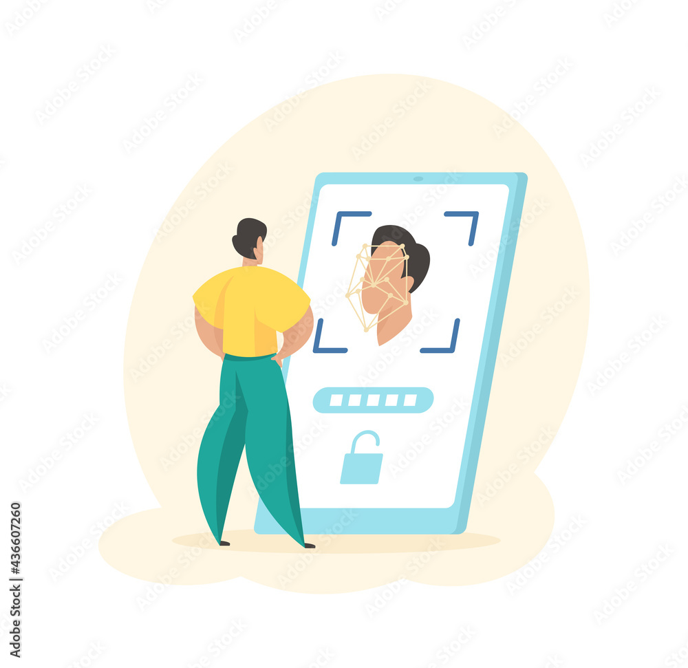 Poster mobile application identifies users face. male character facial digital biometrics log into personal